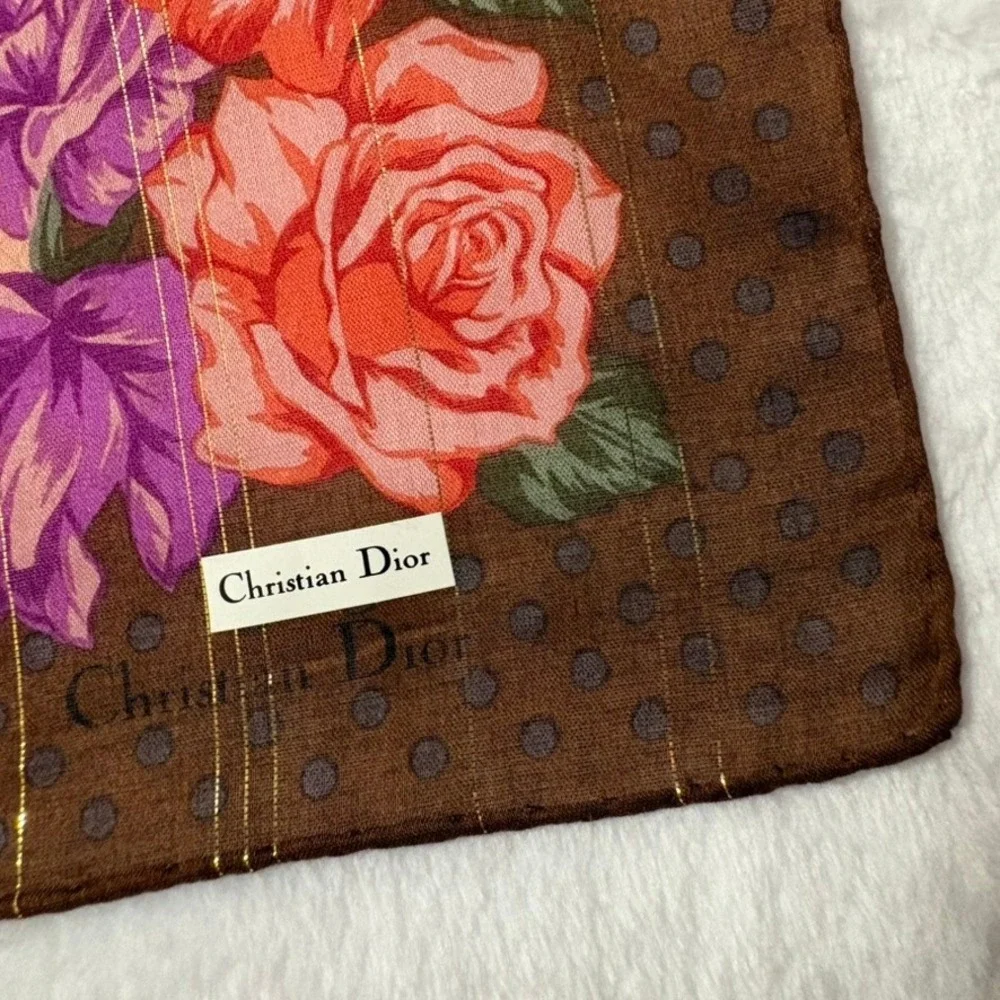Vtg CHRISTIAN DIOR Scarf Handkerchief Floral Rose Brown Pink Purple 20.5